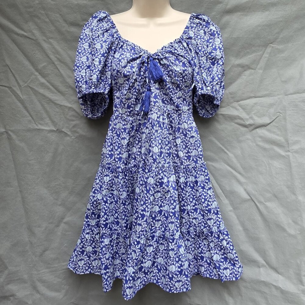 Zara Blue White Size M Puff Sleeves Smocked Mini Dress Floral Tiered